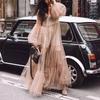 Suer new women's clothing V-neck fashion bubble sleeve mesh see-through dress, long dress