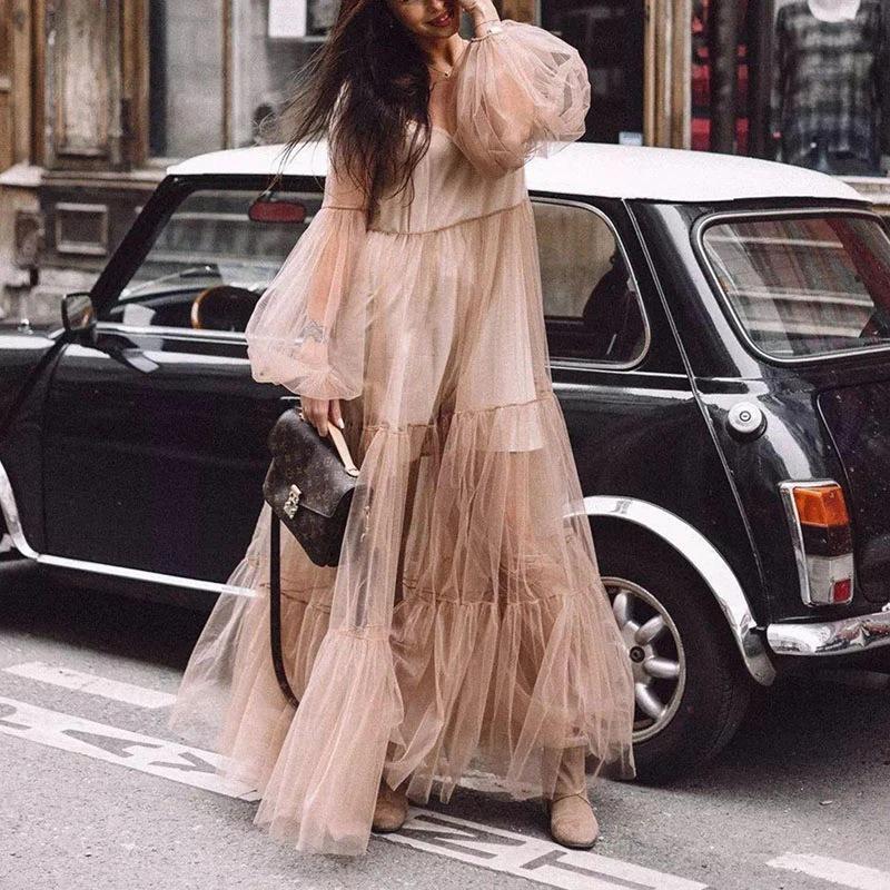 Suer new women's clothing V-neck fashion bubble sleeve mesh see-through dress, long dress