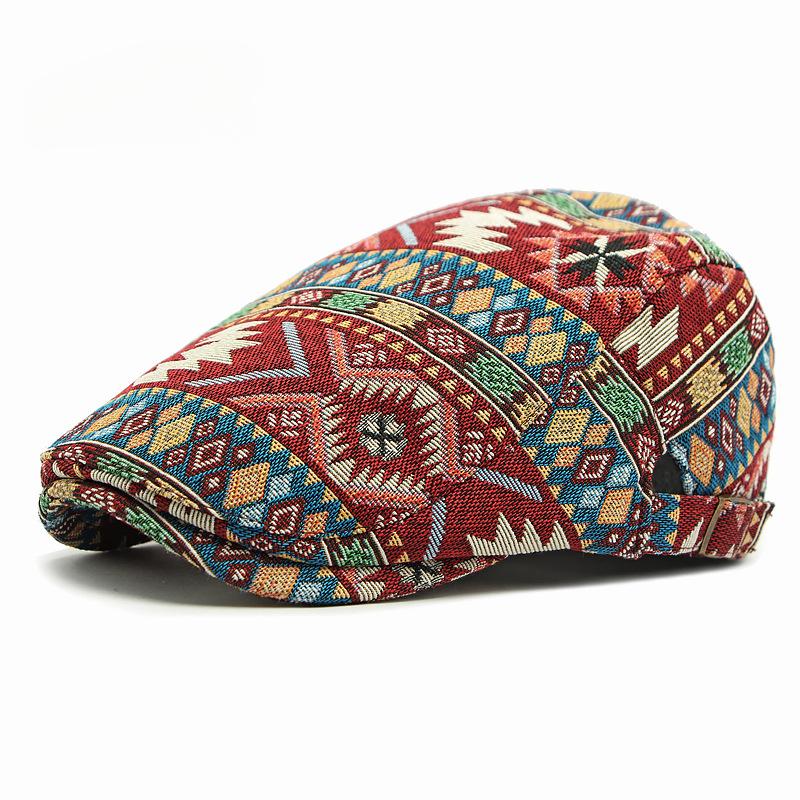 Papa Boho Jacquard Hoed Vrouwelijk Brits Retro Baret Etnische Stijl Gepersonaliseerde Geometrische Pet Casual Vooruit Pet Mannen VizierenCadeau Adjustable bordeaux