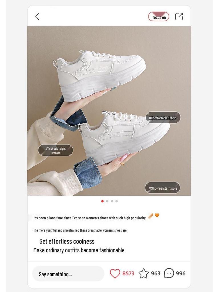 Women's W3612 White Leather Thick-Soled Casual Shoes, 2024 Autumn Collection