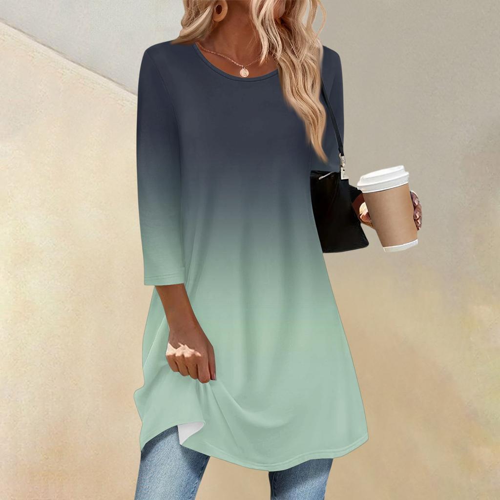 Women's Fashion Casual Three-quarter Sleeve Long Gradient Round Neck Top