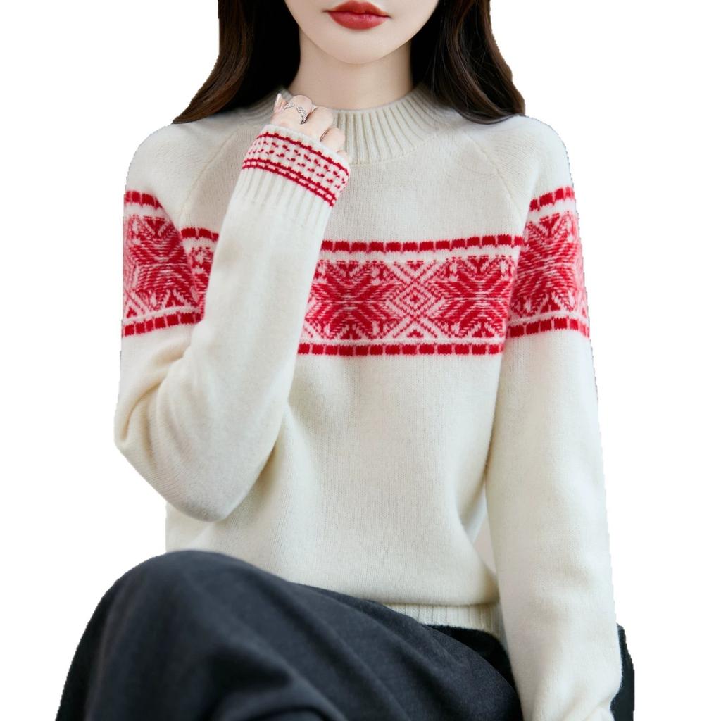 Thickened Half High-neck Knitted Sweater - Retro Jacquard - Fall/Winter Business Casual Pullover Sweater for Women Fabric: Wool