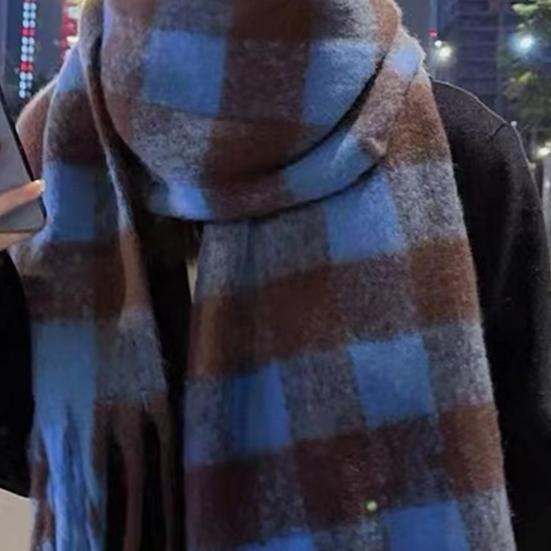 Winter Scarf Cashmere Feel Plush Scarf with Tassel Decoration Thickened Warm Plaid Pattern Winter Long Scarf