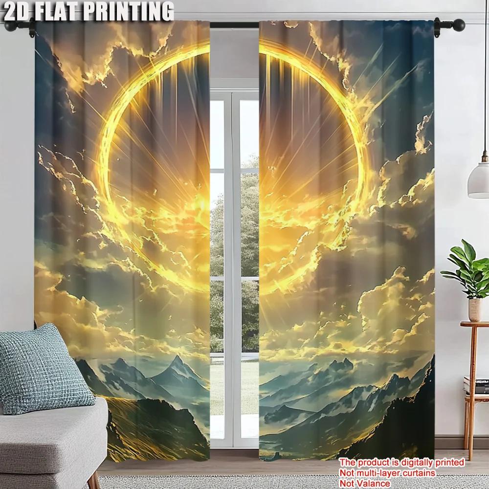 

2pc Scene Curtain Mountains surrounded by white clouds Durable 100% Polyester Fabric Without Electricity summer party 100*130 Grommet Top 1pcs