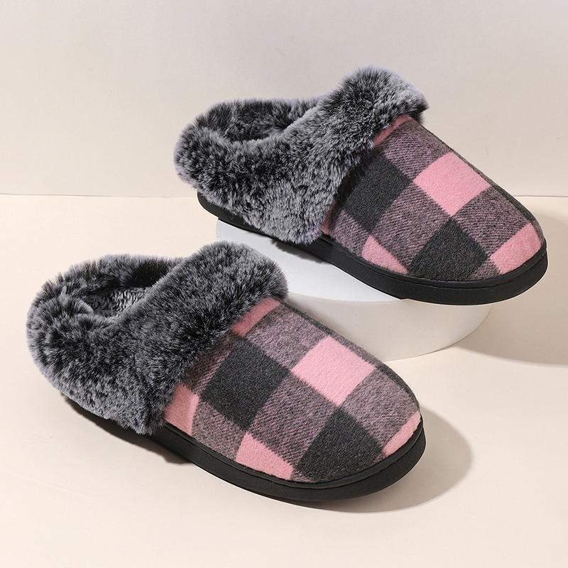 Fashion Retro Plaid Plush Slippers for Women Soft Faux Fur House Cotton Slippers Woman Winter Slip On Non Slip Furry Slides Female