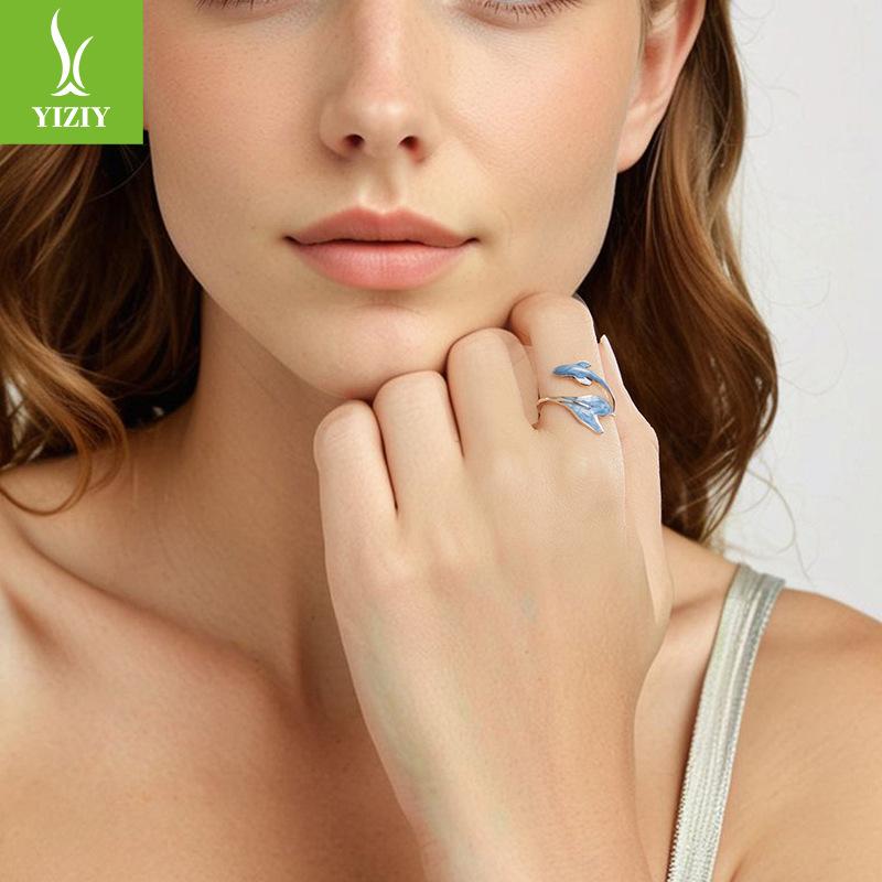 S925 Sterling Silver Guppy Open Ring, Blue Small Fresh Fish Tail Adjustable Ring