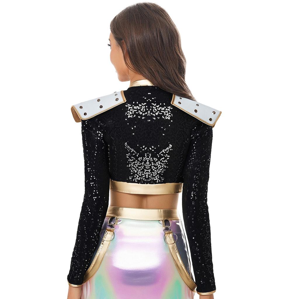 S-4XL Womens Singer Dance Cosplay Costume Long Sleeve Shoulder Epaulet Front Zipper Metallic Patchwork Sequin Crop Top Jacket