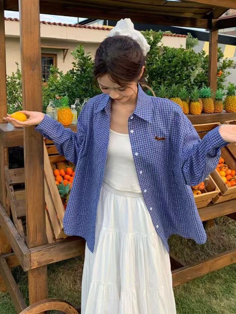 Women's Blue Plaid Dog Embroidery Long Sleeve Loose Shirt - Autumn/Winter 2025 Collection