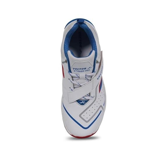 Vector X Striker Pro Cricket Shoe for Men with PU Upper/Sports Shoes/EVA Sockliner Sports Midfoot Support Strap Color: White-Blue-Red Size 8