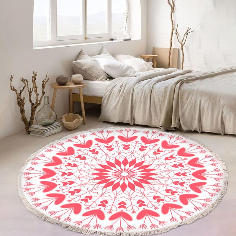 Nordic Cotton and Linen Home Leisure Non-slip Fringed Printed Round Carpet Living Room Floor Mat Bedroom Bedside Blanket