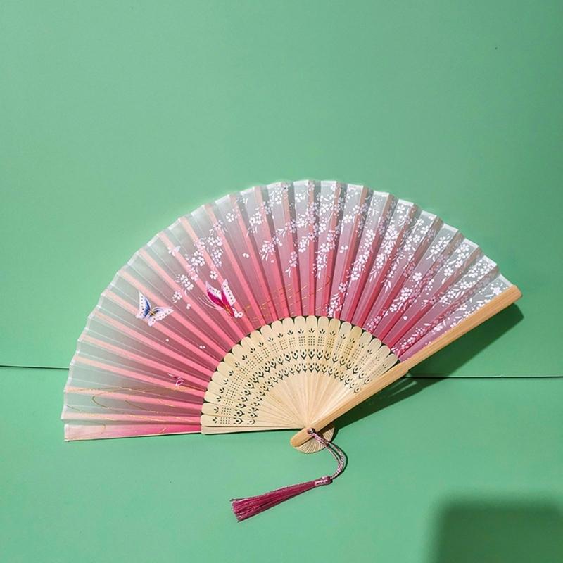 Éventail traditionnel chinois vintage avec pompons Éventail pliant portable Éventail de danse pour femmes Mariages Bals de fin d'études Photographie