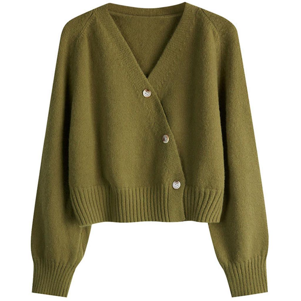 Women's Solid Color V-neck  Breasted Short Loose Cardigan Sweater Jacket