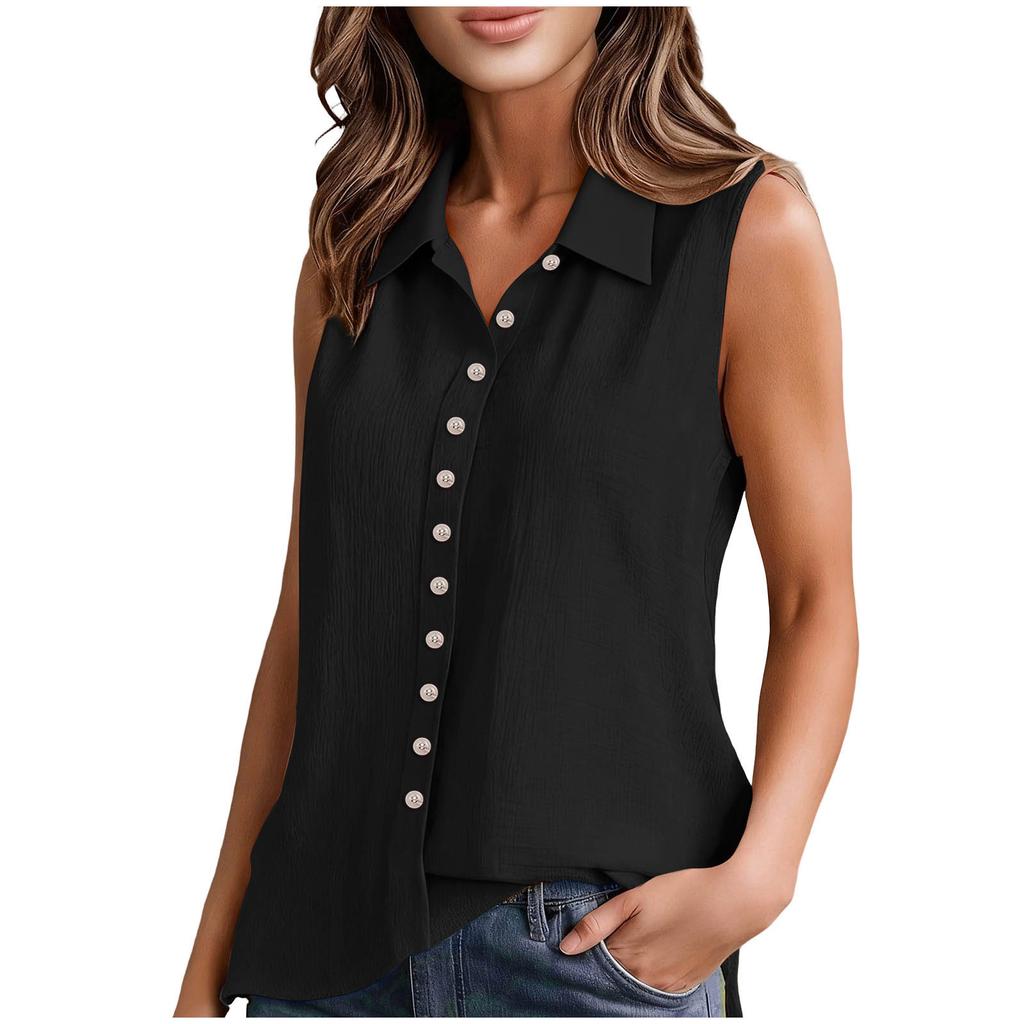 Women’s Fashionable Plain-Coloured Cotton-Linen Single-Breasted Sleeveless Shirt- T-Shirt