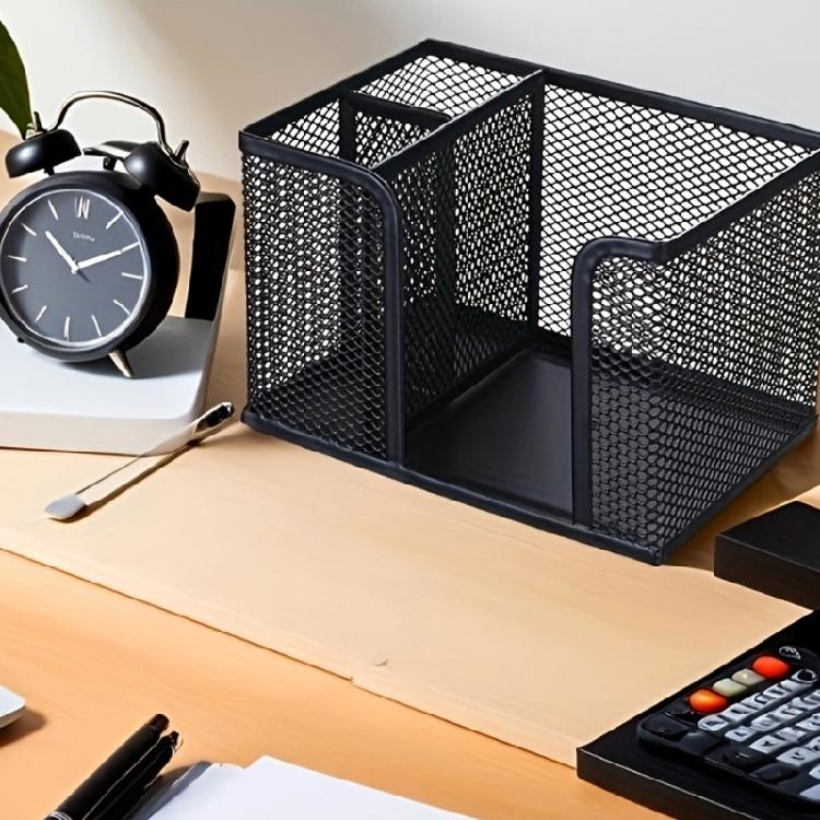 3 Sections Metal Pen Stand High Capacity Desktop Pen Organiser Container for Pencil Marker Note Paper Cosmetics Supplies