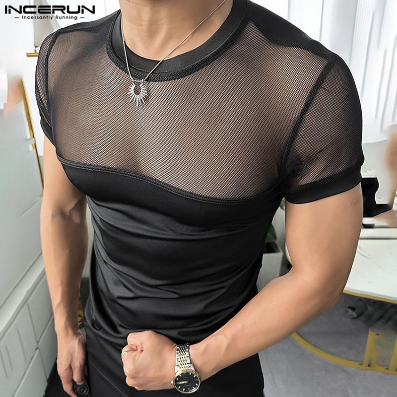 INCERUN Summer Men Short Sleeve Mesh Sheer Patchwork Skinny T-shirts