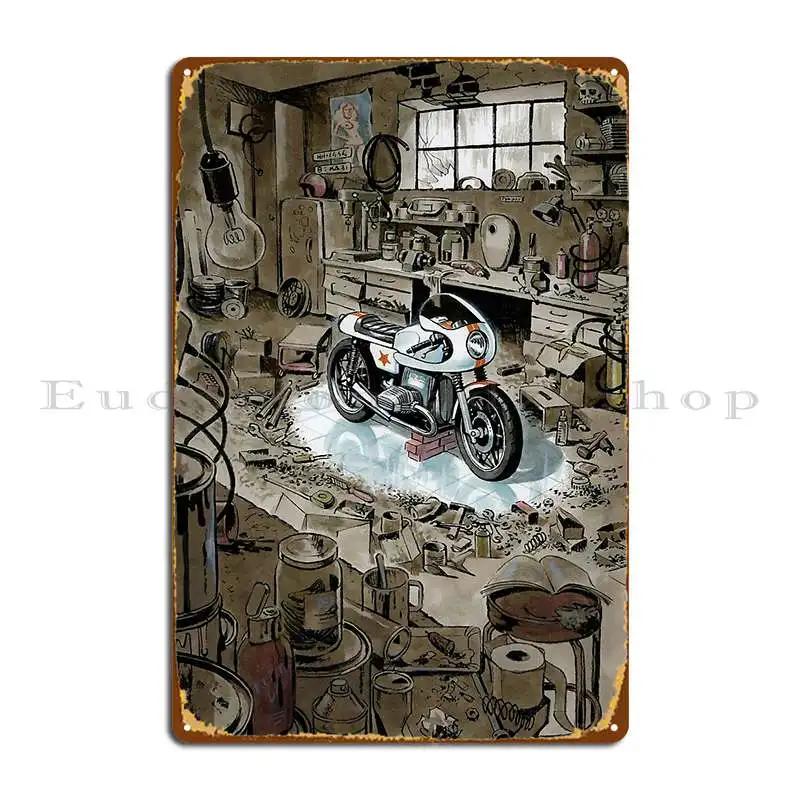 Motorbike In The Workshop Metal Plaque Club Wall Decor Classic Wall Cave Design Tin Sign Poster