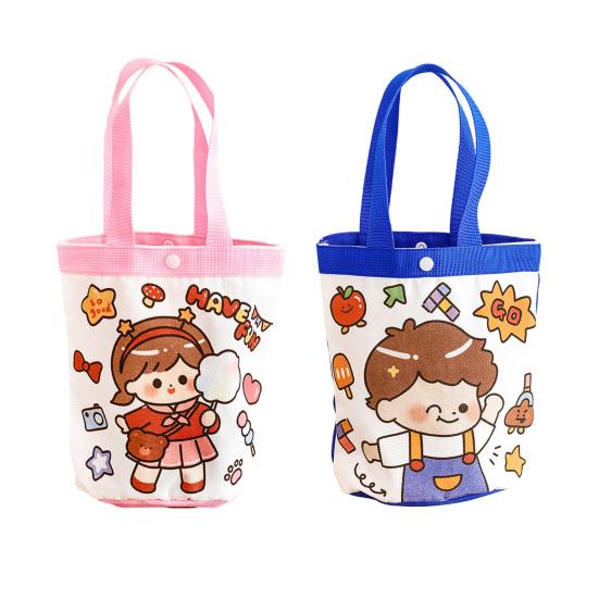 Kinder Leinwandtasche Süßes Cartoon Mädchen Junge Muster Tragetasche Rosa Blaue Kante Wiederverwendbare Tragetasche für Kinder Schulausflug Picknick Einkaufen