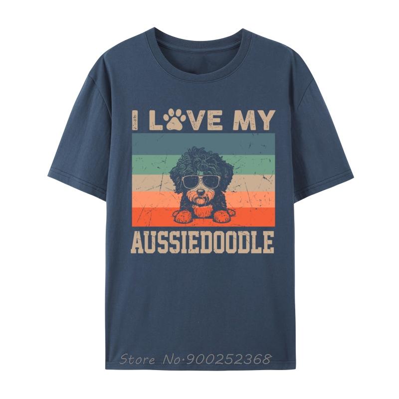 I Love My Aussiedoodle Cool Dog Vintage Retro Dog Christmas TShirt Fashion Graphic Tees Casual Cotton T Shirt Men Oneck Tshirt