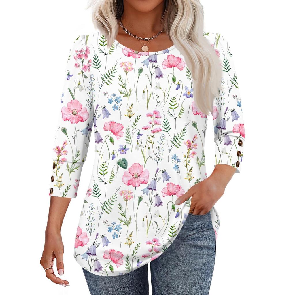 Women's Fashion Casual Vintage Floral Print Round Neck Sevenfold Sleeve T-shirt Top