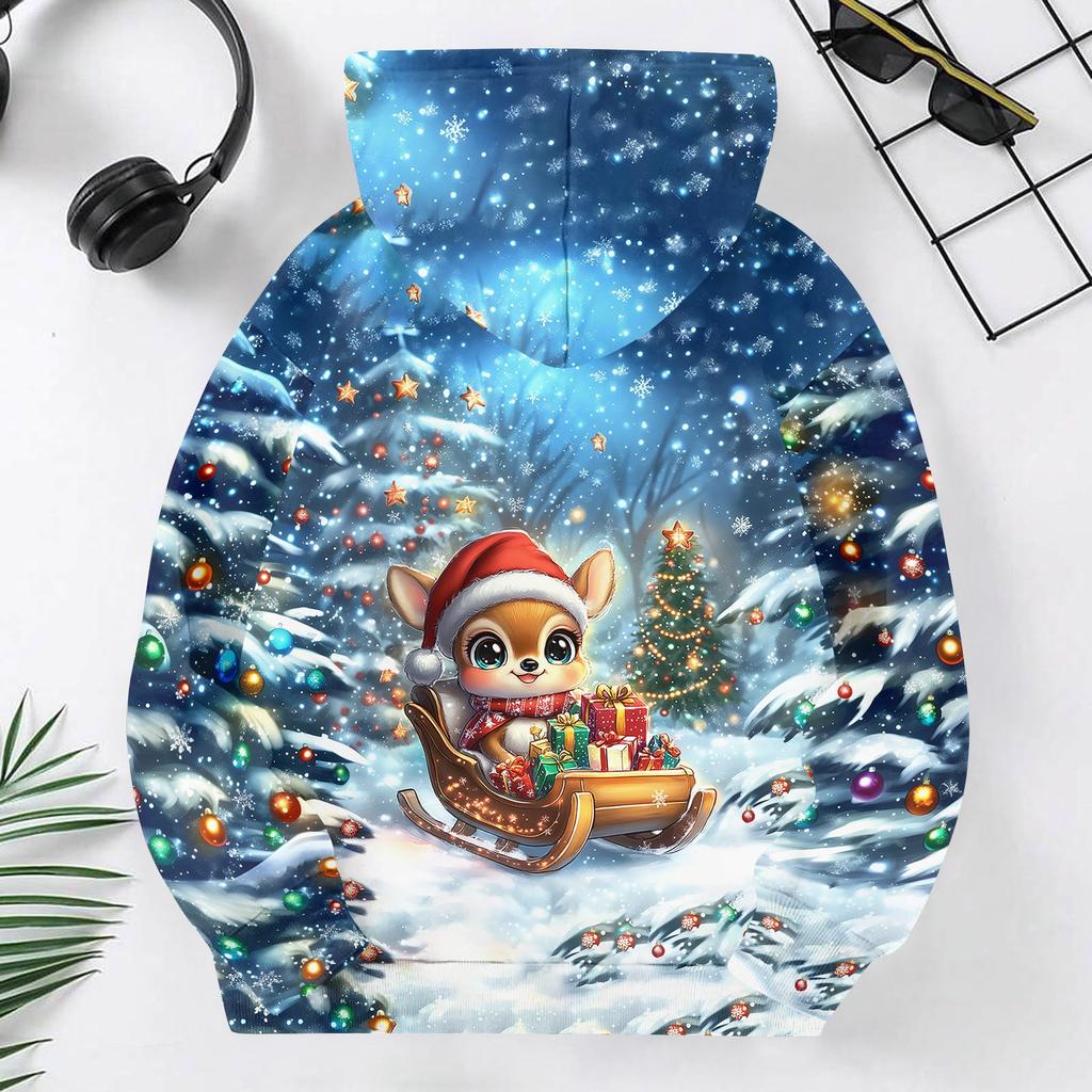 Children's casual fleece pullover with Christmas print and hooded design