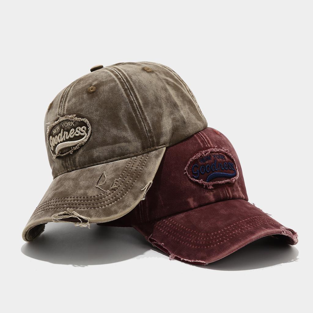 New American-style Washed Distressed Cotton 6-panel Letter Embroidery Frayed Edges Ripped Detailing Adjustable Four Baseball Cap