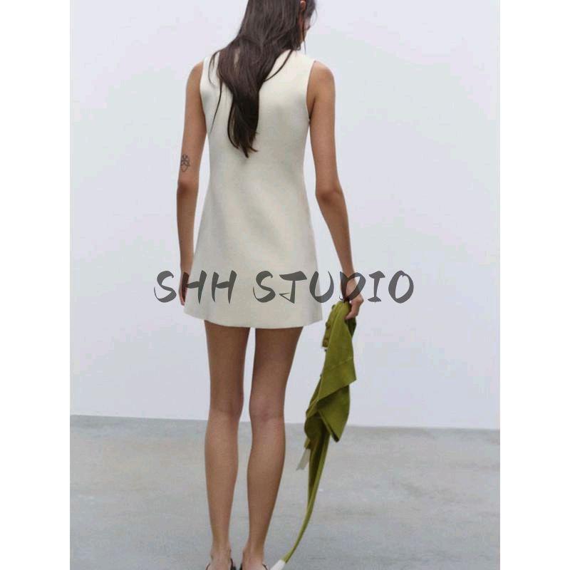Spring New Women's Clothing Classic Style Plain Stitch A- Line Hem Sleeveless Round Neck Short Dress 9598019