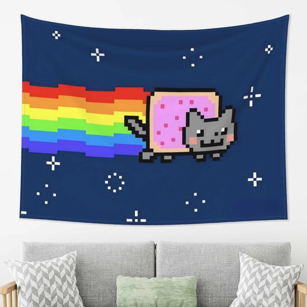 Nyan Cat Pixel Art 2D Flat Print Tapestry Retro Home Decor Wall Hanging for Living Room Charming