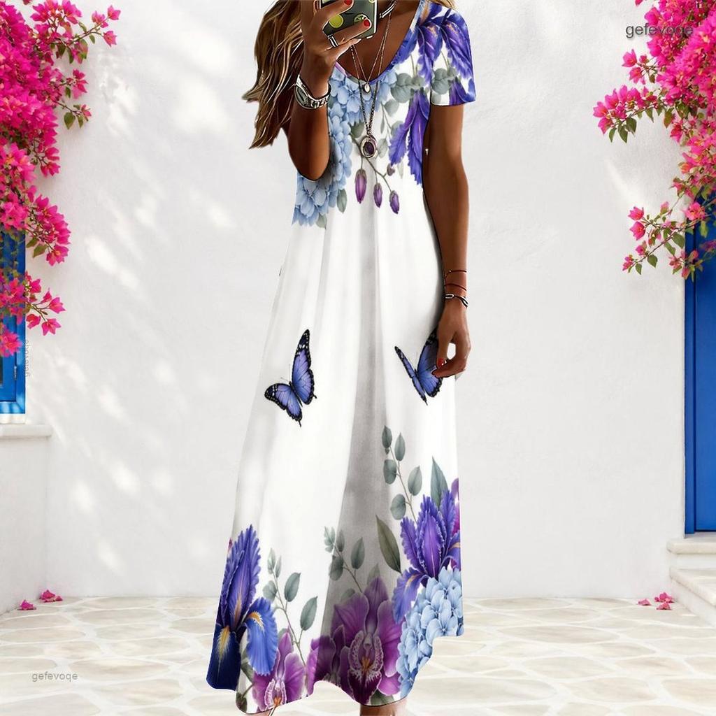 Women Plus Size V Neck Short Sleeve Floral Butterfly Print White Straight Long Dress
