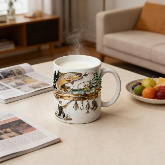 Hooked on Fishing Ceramic Mug 2D Flat Printing Tea Coffee Cup Funny Gifts for Men Dad Husband Fishing Sailing Lovers