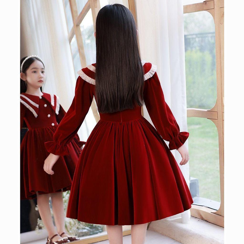 Sweet Velvet Dress for Girls, Red Velvet Princess Dress for Children Autumn and Winter