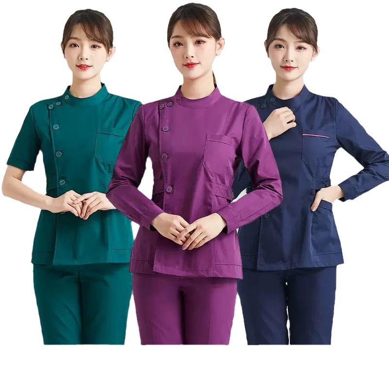 Navy Blue Long Sleeve Nurse Uniform Set for Spring & Autumn - Dental, Beauty Salon, Medical Use