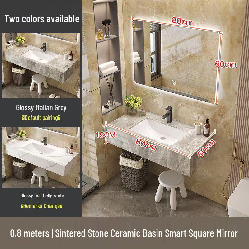 Modern Minimalist Sintered Stone Washbasin Set with Seamless Ceramic Sink, Bathroom Cabinet, and Mirror Storage Cabinet