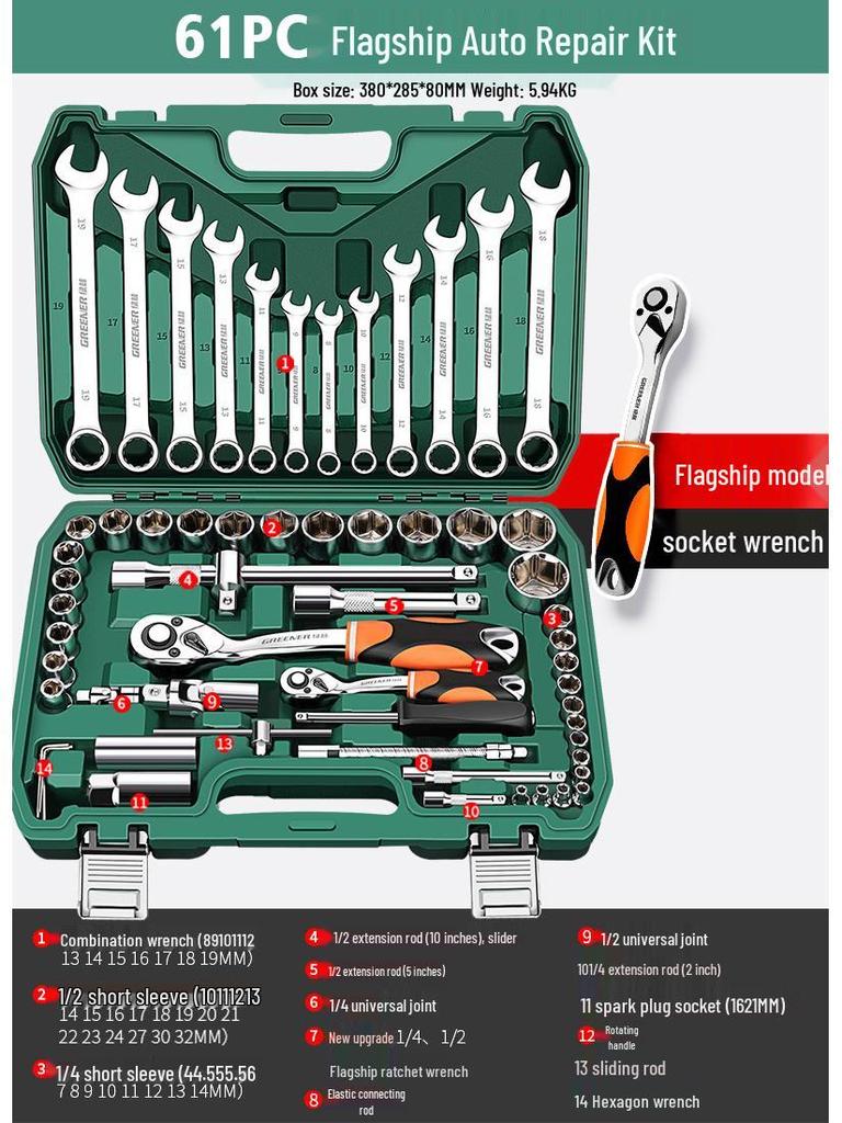 Green Forest Auto Repair Tool Set: Socket Wrench, Ratchet, Combination Tool Box.