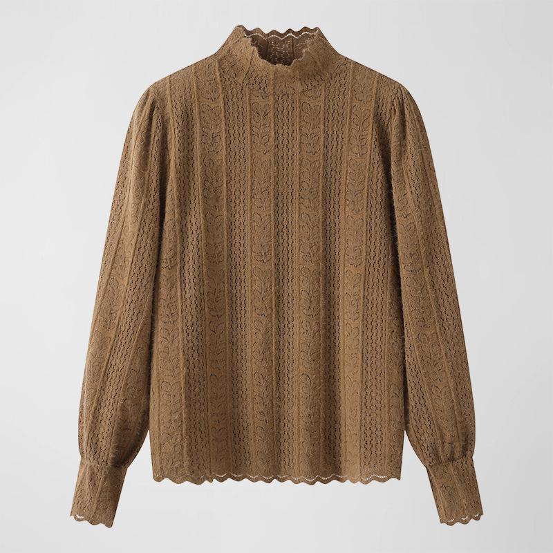 

Женский весенне-осенний универсальный пуловер с полувысоким воротом и принтом «Грибок», элегантный пуловер с крючком и цветком, базовый слой L кофейный