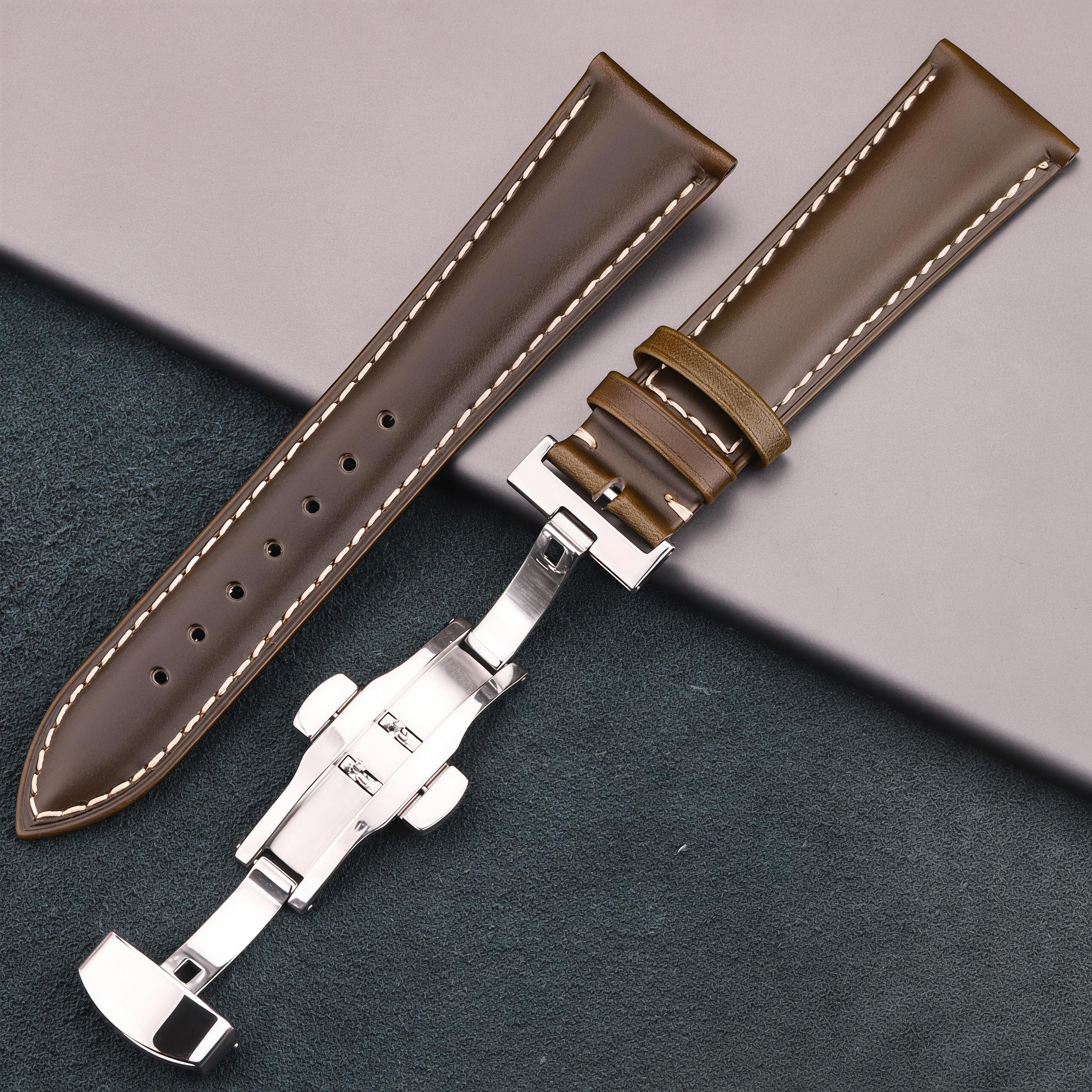 

Oil Wax Genuine Leather Watch Strap with Butterfly Clasp 18 20 22 24mm Vintage Cowhide Band Double Push Button Deployment Buckle 24mm