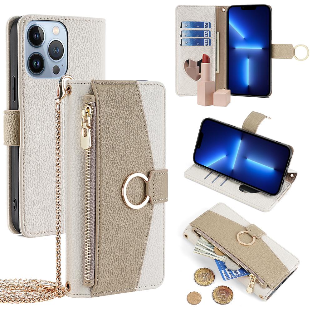 

For iPhone 13 Pro Leather Case Crossbody Phone Cover with Wallet Stand White