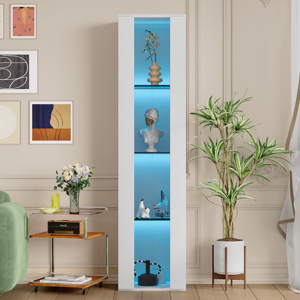 40 x 29 x 170 cm, Vitrine, Glasböden, LED-Farbwechselbeleuchtung, APP-Steuerung, Acrylplatte, wandmontierbar, minimalistisches Design, weiß.