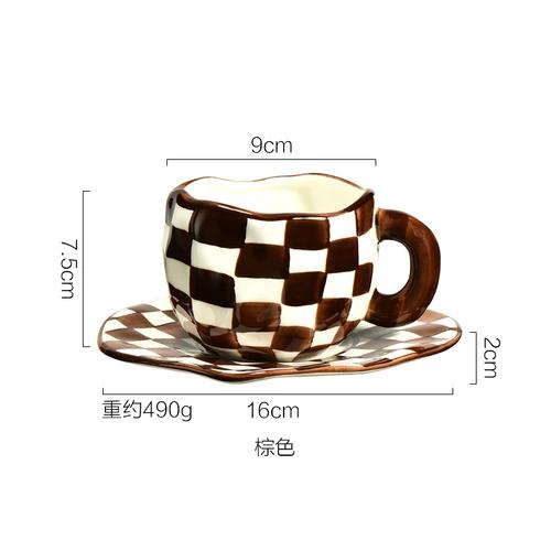 Nordic Style Hand-kneaded Checkerboard Ceramic Coffee Cup Saucer Black and White Hand-painted Afternoon Tea Cup Tableware