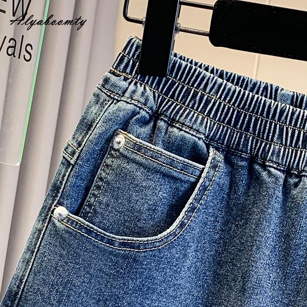 Duże Rozmiary Letnie Damskie Niebieskie Jeansowe Capris Elastyczna Talia Płukana Bawełna Krótkie Dżinsy Klasyczne Jednolite Codzienne Luźne Damskie Capris XL-5XL