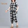 Women's 2 Piece Lounge Set Casual Plaid Plus Size Short Sleeve Top And Tracksuit Pants Set Summer Loose Outfit