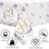 MEHOFOND 3pcs Purple Happy Birthday Tablecloths for Girls, 108x54“ Pastel Violet Floral Dripping Glitter Bday Disposable Table Cover,Spring Flowers