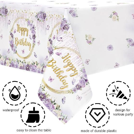 MEHOFOND 3pcs Purple Happy Birthday Tablecloths for Girls, 108x54“ Pastel Violet Floral Dripping Glitter Bday Disposable Table Cover,Spring Flowers