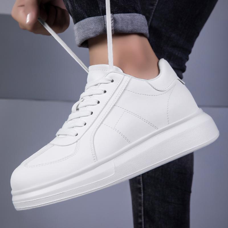 Męskie niewidoczne trampki podwyższające – podeszwa o grubości 8 cm, białe, codzienne buty do jazdy na deskorolce, okrągły nosek