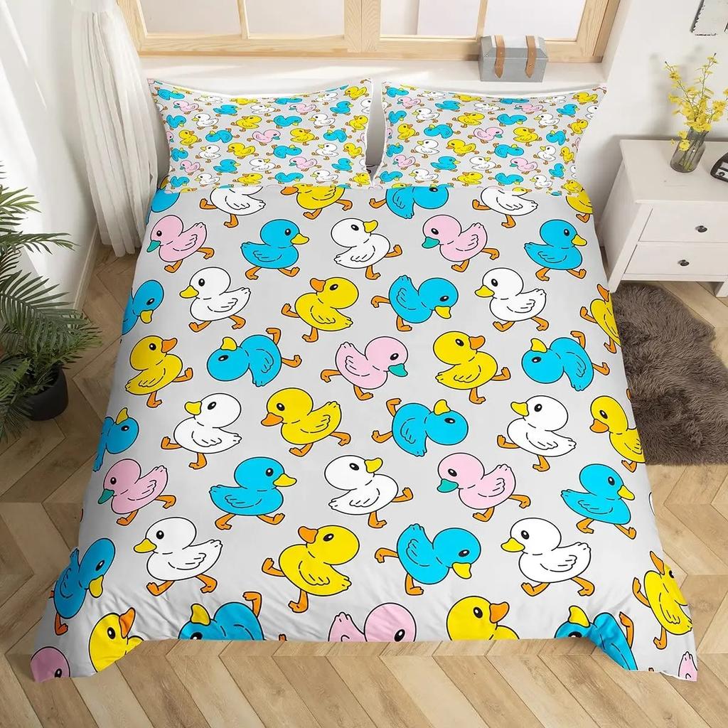 Colorful Duck Bedding Set Kids Cartoon Ducks Duvet Cover Graffiti Rustic Animal Comforter Cover Farmhouse Animal Quilt Cover