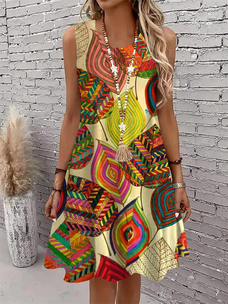 Casual Women Tank Dress Summer Sleeveless O-Neck 3D Print Loose A-Line Dress Beach Vest Dress