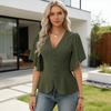 Damen Oberteile V-Ausschnitt Flatternde Kurze Ärmel Einreiher Hemd Weich Dehnbar Taillen-Design Lässige Bluse Party Urlaub Büro Date Tragen
