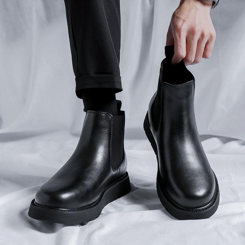 men casual chelsea boots black trendy genuine leather shoes business office dress cowboy platform boot youth ankle botas zapatos