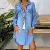 Plus Size Long Sleeve Denim Shirt Dress: Oversized Casual Solid Color Mid-Length Dress with Lapel Collar, Pockets Sexy Flowy Design for Women