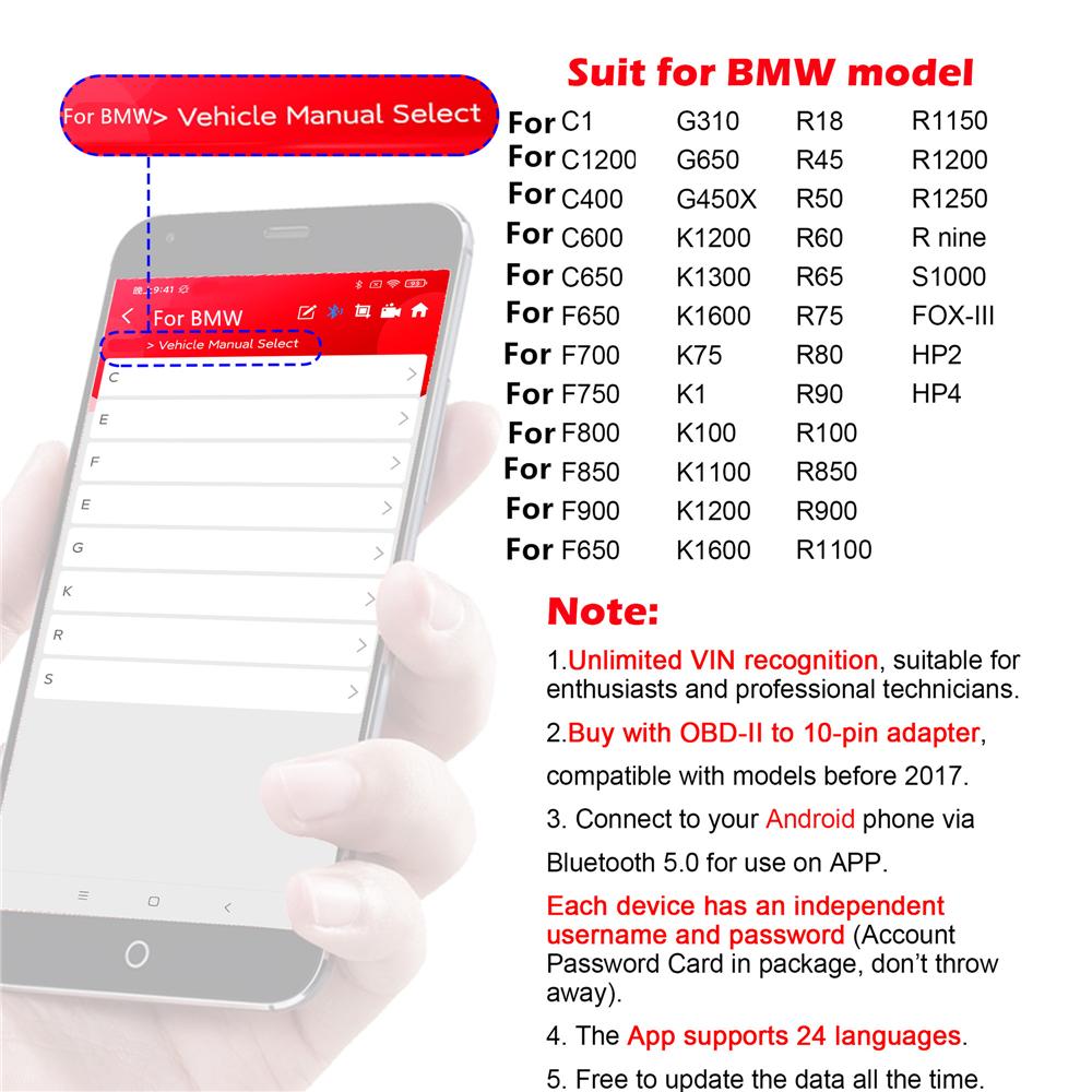 Bluetooth App OBDII Diagnostic Tool for BMW Motorcycle with OBD2 10pin Connector