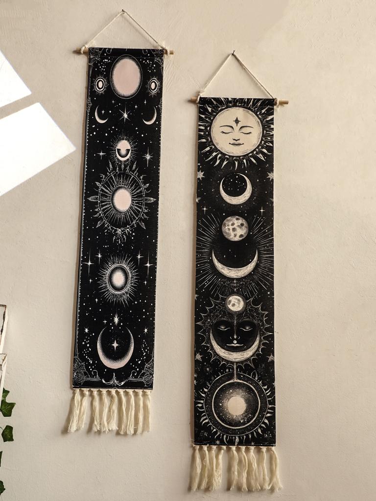 1pc Boho Celestial Wall Hanging Tapestry, Moon Phase Black and White Banner with Tassel, Witchy Bedroom Home Wall Art Decoration